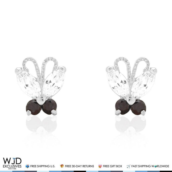 14K White Gold Zircon & Onyx Butterfly Baby Screw Back Stud Kids Earrings