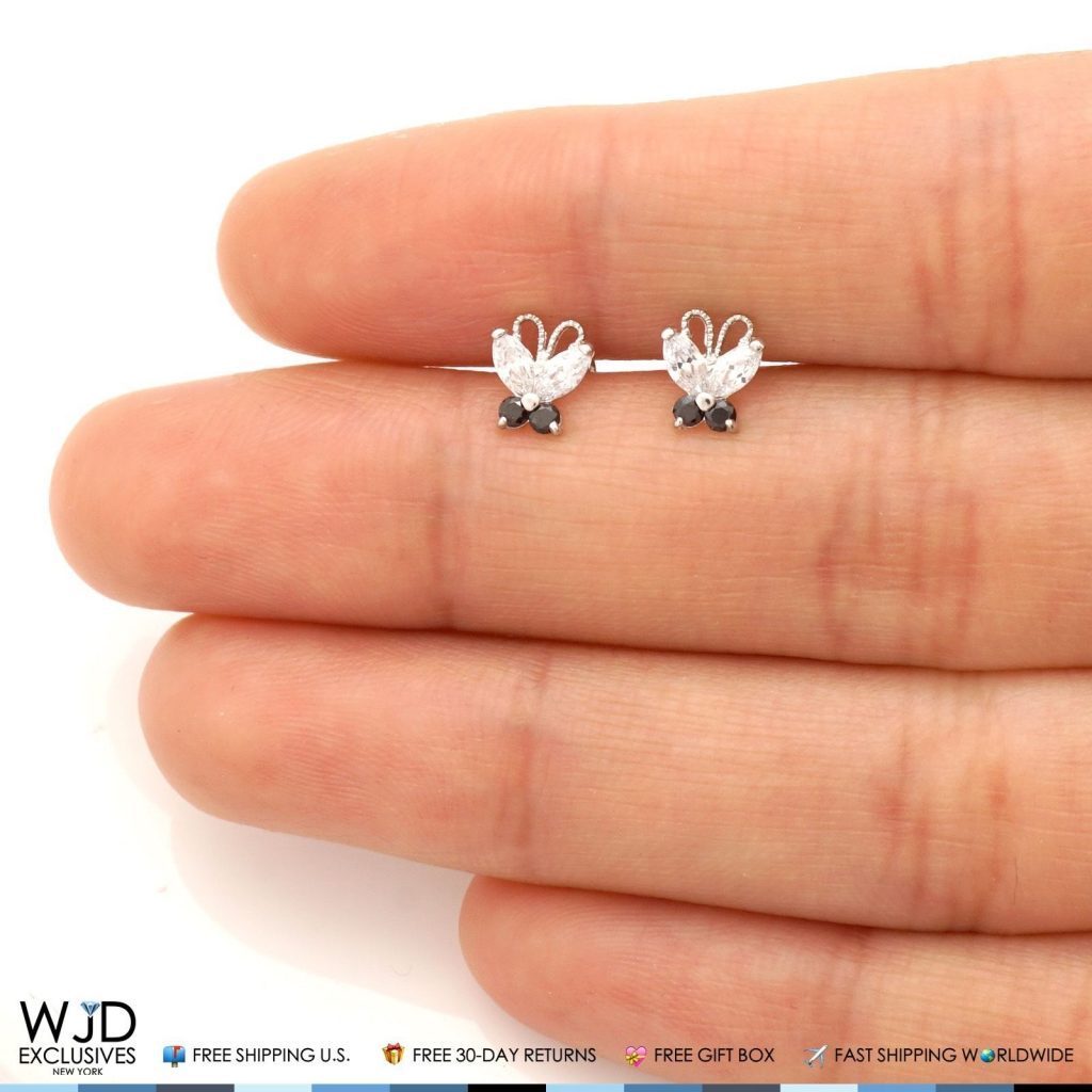 14K Solid White Gold Zircon & Onyx Butterfly Baby Screwback Stud Kids Earrings