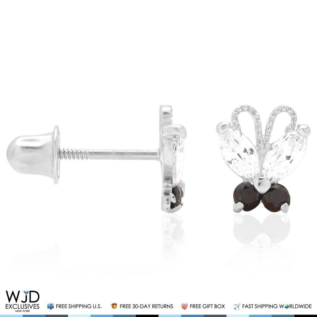 14K Solid White Gold Zircon & Onyx Butterfly Baby Screwback Stud Kids Earrings