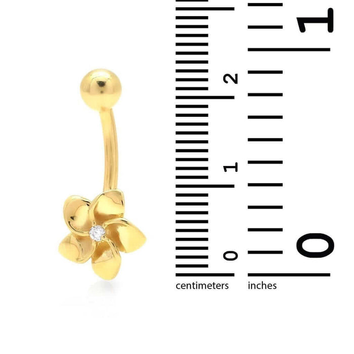 14K Yellow Gold White 0.05Ct Diamond Flower Navel Belly Button Ring