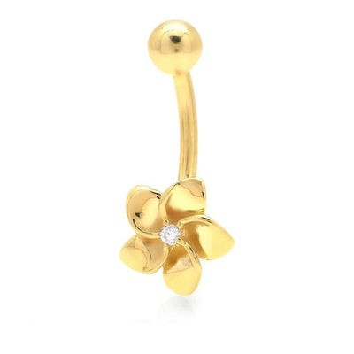 14K Yellow Gold White 0.05Ct Diamond Flower Navel Belly Button Ring