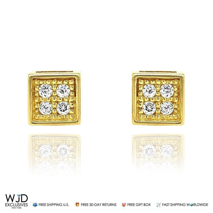 14K Yellow Gold 0.16Ct CZ Composite Square Stud Earrings 4mm