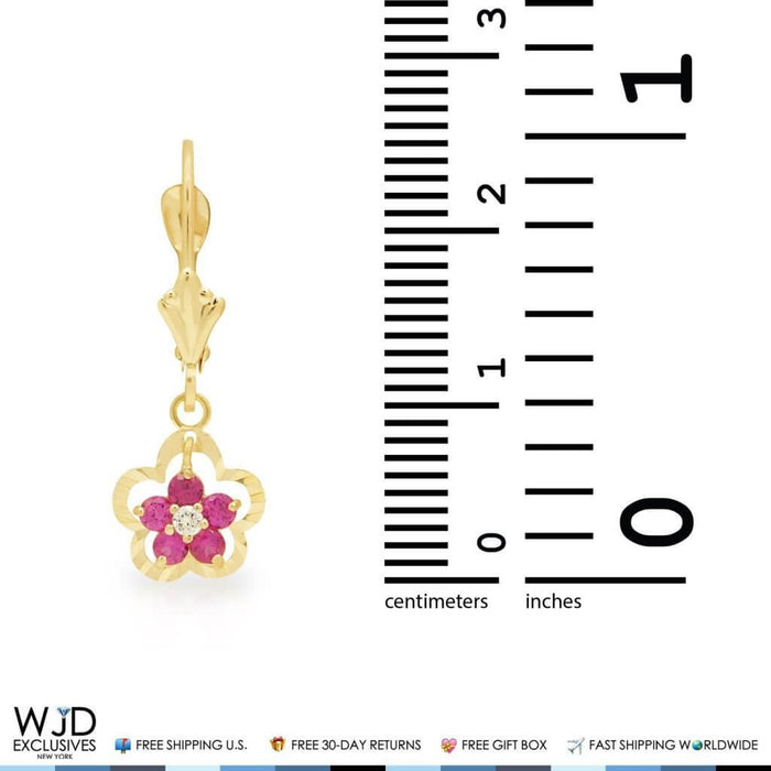 14K Yellow Gold 0.30Ct CZ Ruby Flower Dangle Leverback Earrings