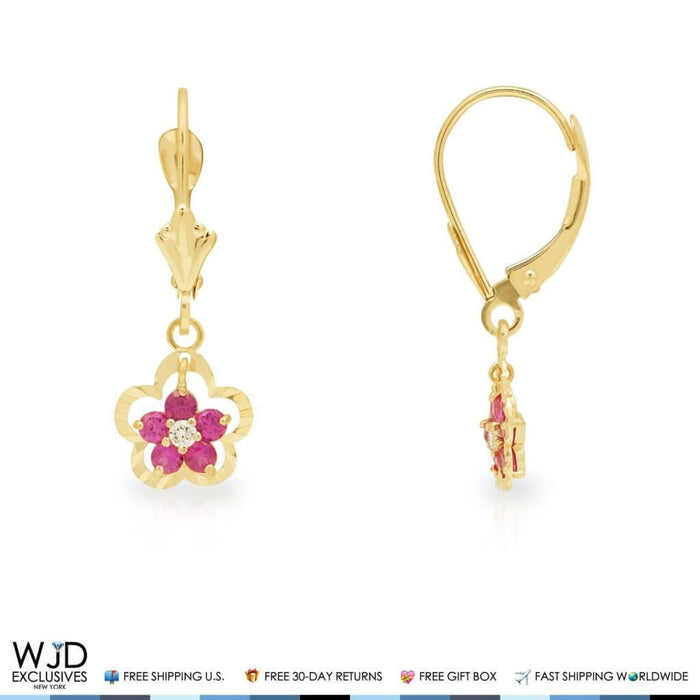 14K Yellow Gold 0.30Ct CZ Ruby Flower Dangle Leverback Earrings