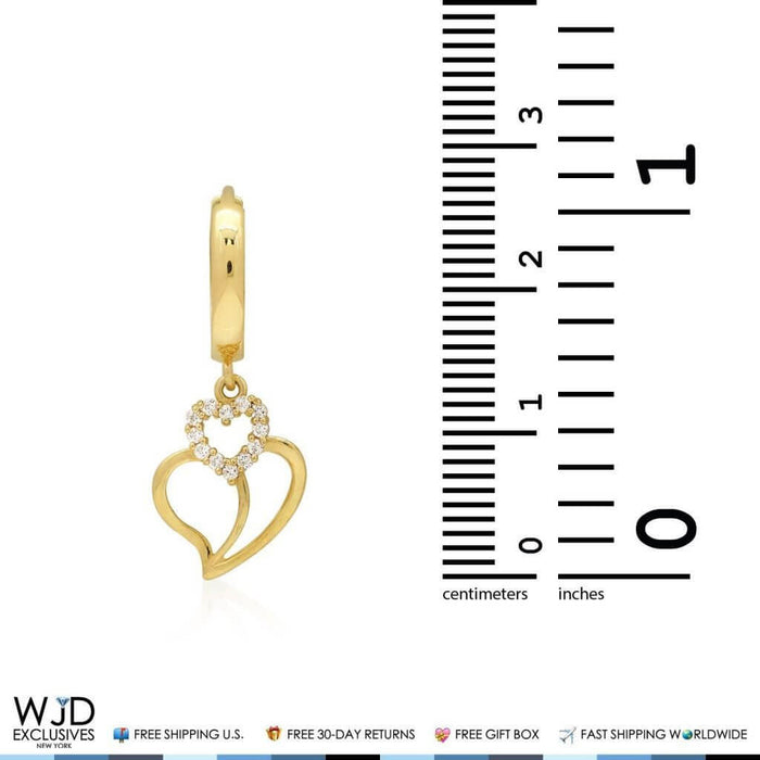 14K Yellow Gold 0.30Ct CZ Heart Huggie Hoop Dangle Earrings