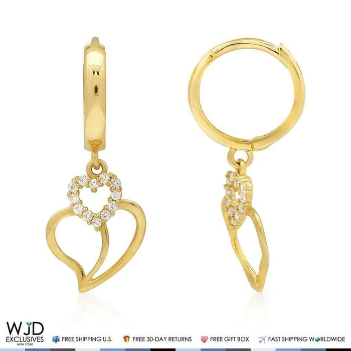 14K Yellow Gold 0.30Ct CZ Heart Huggie Hoop Dangle Earrings