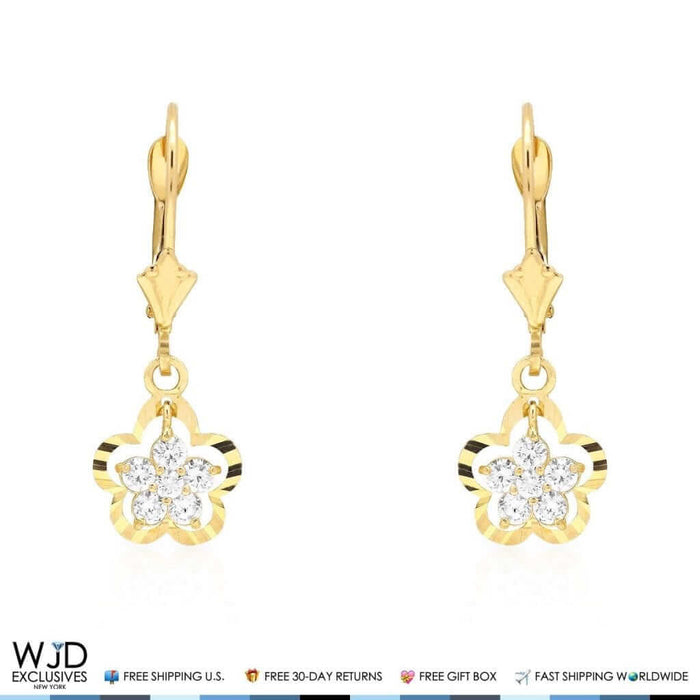 14K Yellow Gold 0.40Ct CZ Dangle Drop Leverback Earrings 1"