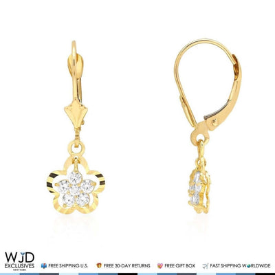 14K Yellow Gold 0.40Ct CZ Dangle Drop Leverback Earrings 1"