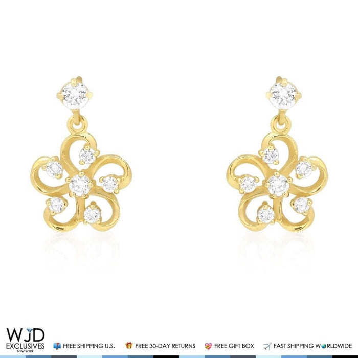 14K Yellow Gold 0.40Ct CZ Flower Shaped Dangle Earrings