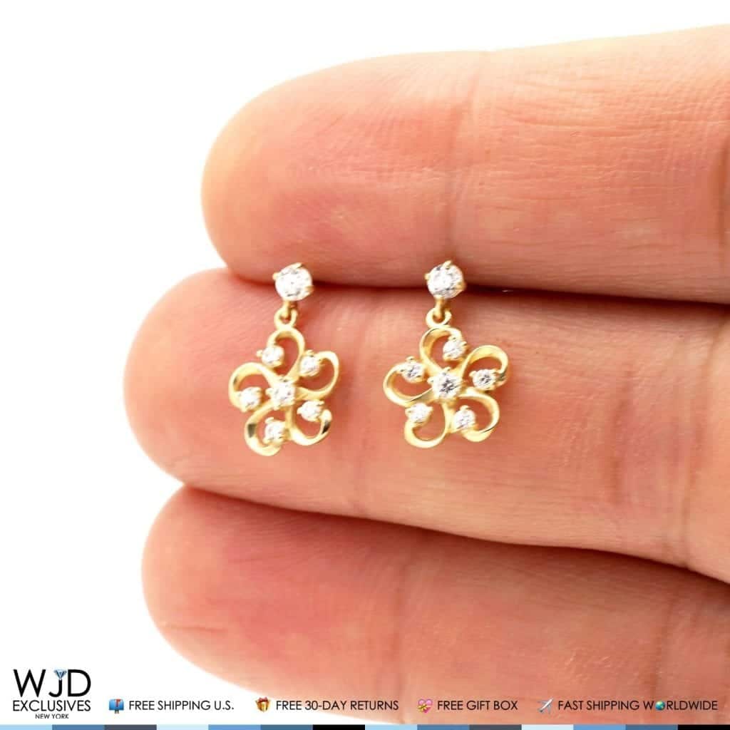 14K Yellow Gold 0.40Ct CZ Flower Shaped Dangle  Earrings