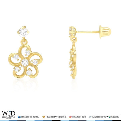 14K Yellow Gold 0.40Ct CZ Flower Shaped Dangle  Earrings
