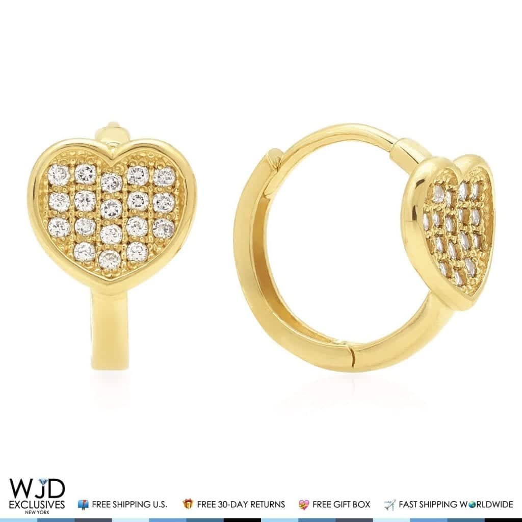 14K Solid Yellow Gold 0.40Ct Diamond Heart Shape Small Huggie Hoop Earrings 12mm
