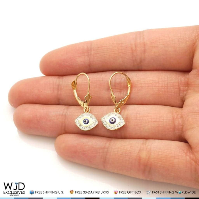 14K Yellow Gold CZ Blue Evil Eye Dangle Leverback Earrings 1"