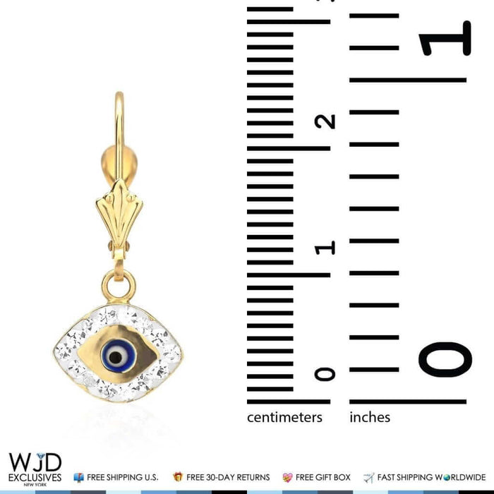 14K Yellow Gold CZ Blue Evil Eye Dangle Leverback Earrings 1"