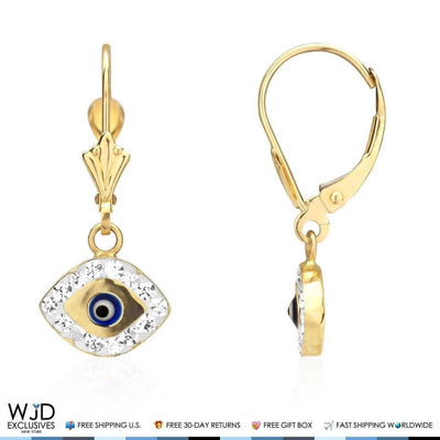 14K Yellow Gold CZ Blue Evil Eye Dangle Leverback Earrings 1"
