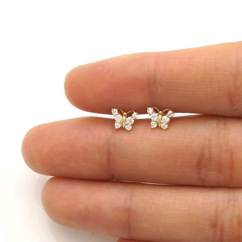 14K Yellow Gold 0.50Ct CZ Butterfly Screw Back Kids Earrings