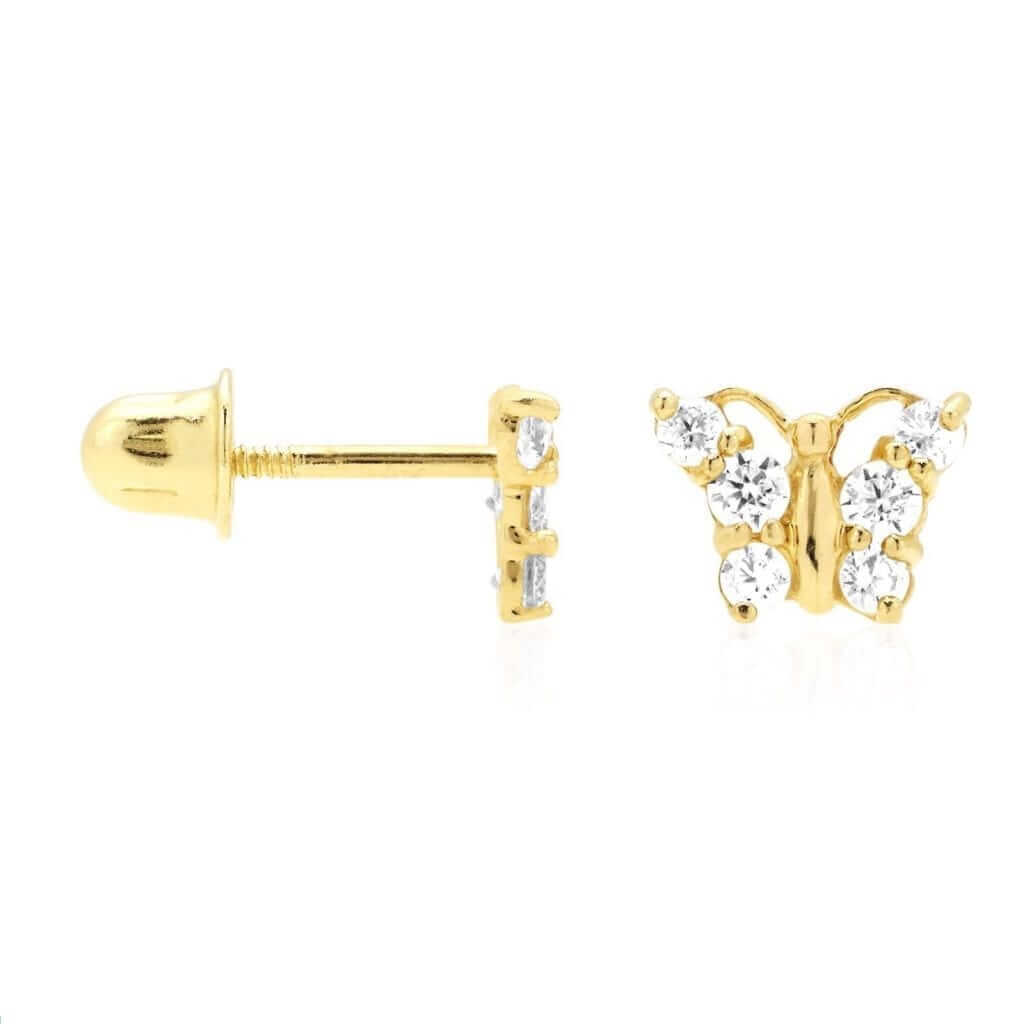14K Yellow Gold 0.50Ct CZ Butterfly Screw Back Kids Earrings