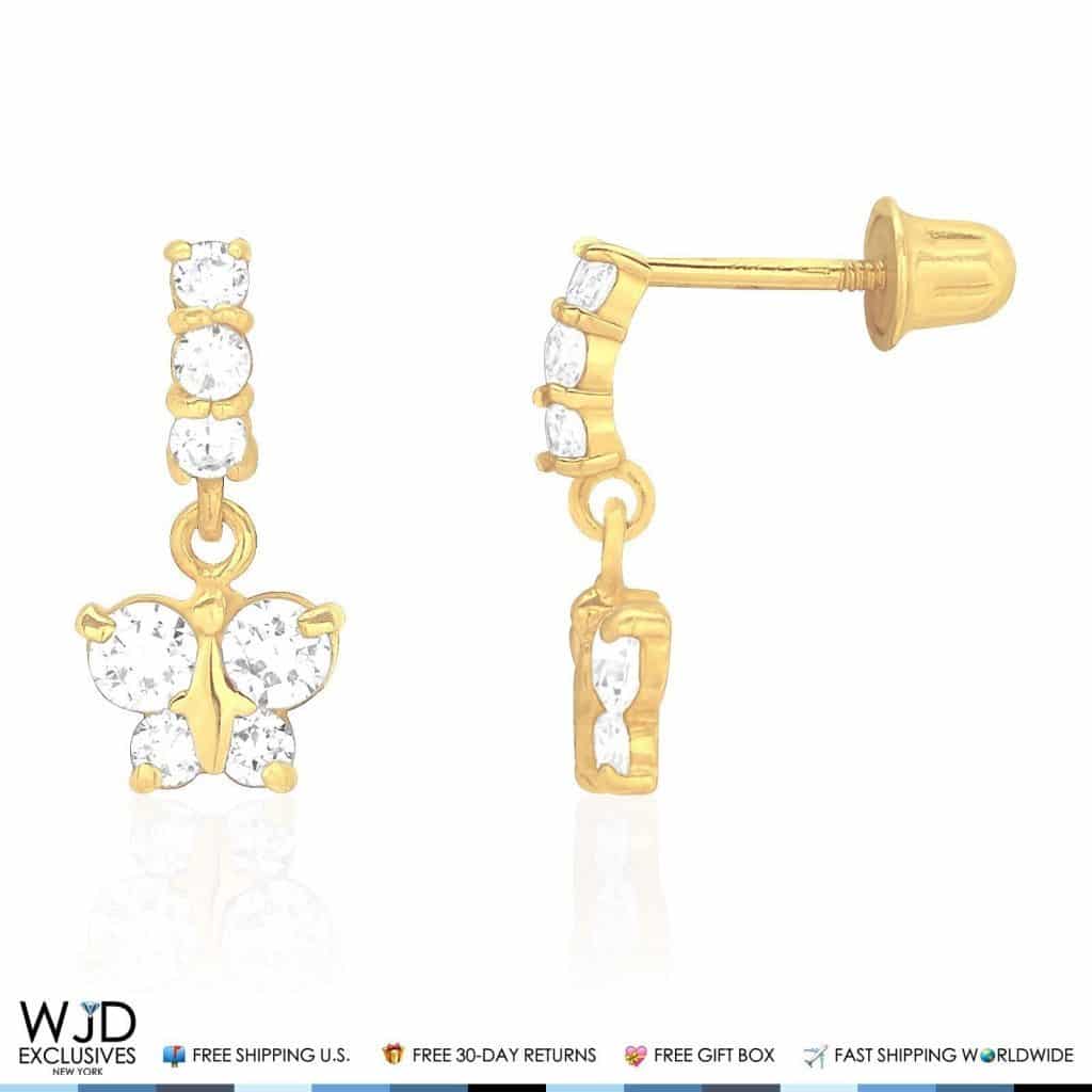 14K Yellow Gold Simulated Gemstone Birthstone Butterfly  Earrings 12mm