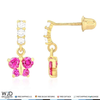 14K Yellow Gold Simulated Gemstone Birthstone Butterfly  Earrings 12mm
