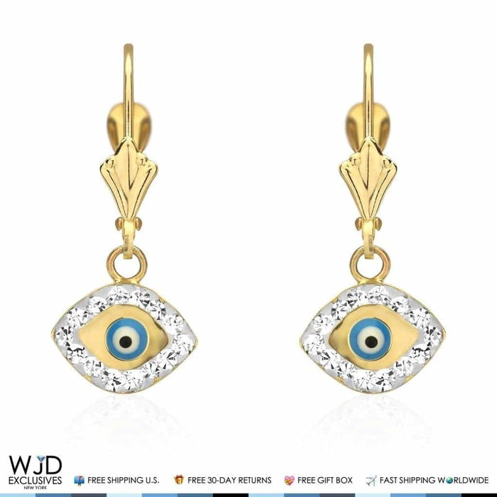 0.50Ct CZ 14K Yellow Gold Sky Blue Evil Eye Dangle Earrings
