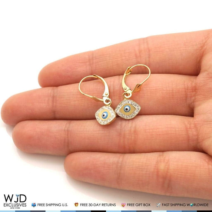0.50Ct CZ 14K Yellow Gold Sky Blue Evil Eye Dangle Earrings