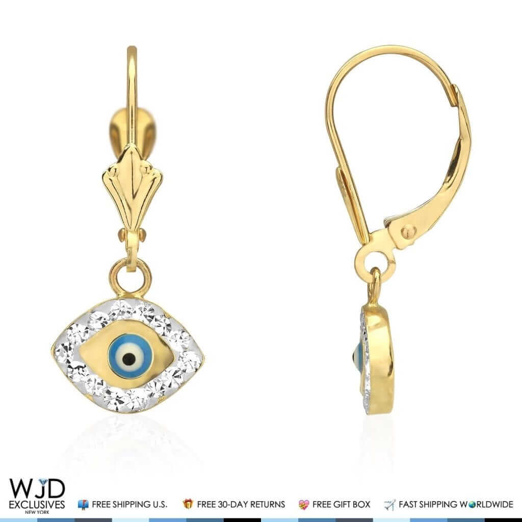 0.50Ct CZ 14K Yellow Gold Sky Blue Evil Eye Dangle Earrings