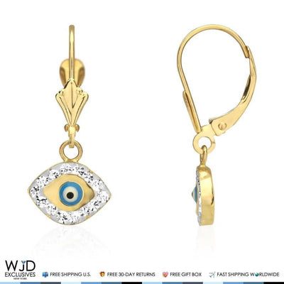 0.50Ct CZ 14K Yellow Gold Sky Blue Evil Eye Dangle Earrings