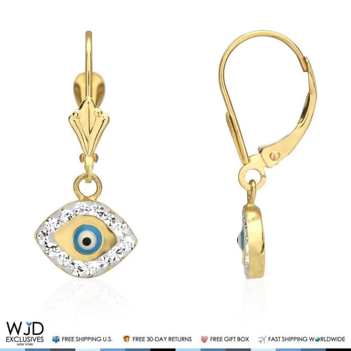 0.50Ct CZ 14K Yellow Gold Sky Blue Evil Eye Dangle Earrings