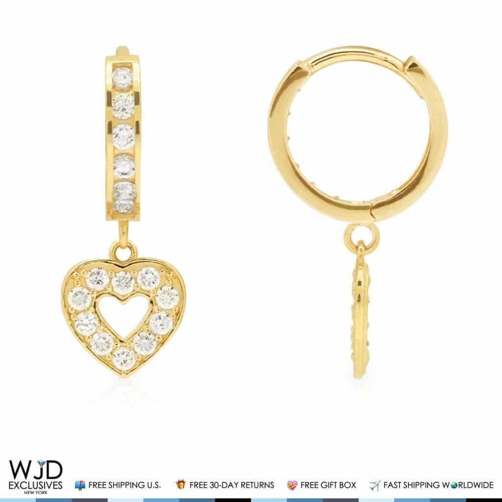 14K Yellow Gold 0.80Ct CZ Open Heart Huggie Hoop Dangle Earrings