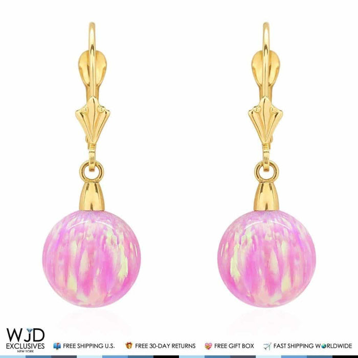 6mm-10mm Ball Shaped Pink Fire Opal Leverback Dangle Earrings 14K Yellow Gold