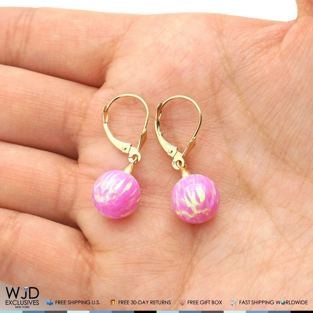 6mm-10mm Ball Shaped Pink Fire Opal Leverback Dangle Earrings 14K Yellow Gold