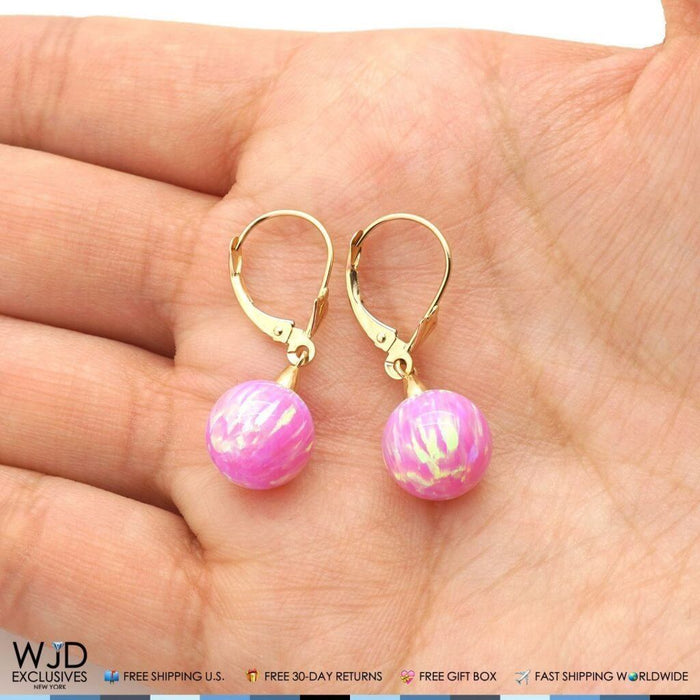 6mm-10mm Ball Shaped Pink Fire Opal Leverback Dangle Earrings 14K Yellow Gold