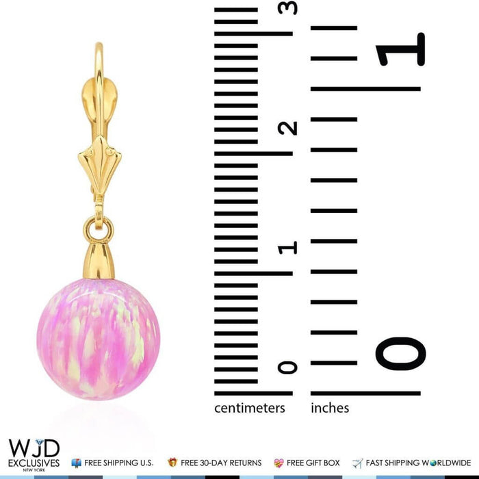 6mm-10mm Ball Shaped Pink Fire Opal Leverback Dangle Earrings 14K Yellow Gold