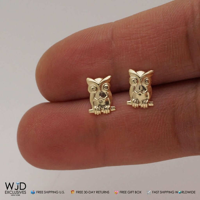 14K Solid Yellow Gold 10mm Children's Owl Stamping Pushback Stud Earrings