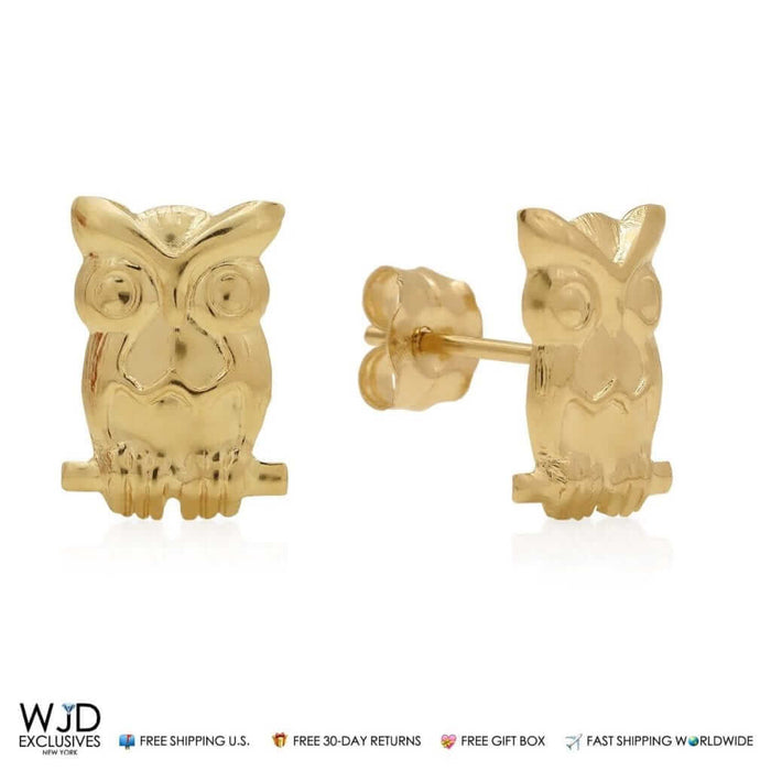 14K Solid Yellow Gold 10mm Children's Owl Stamping Pushback Stud Earrings