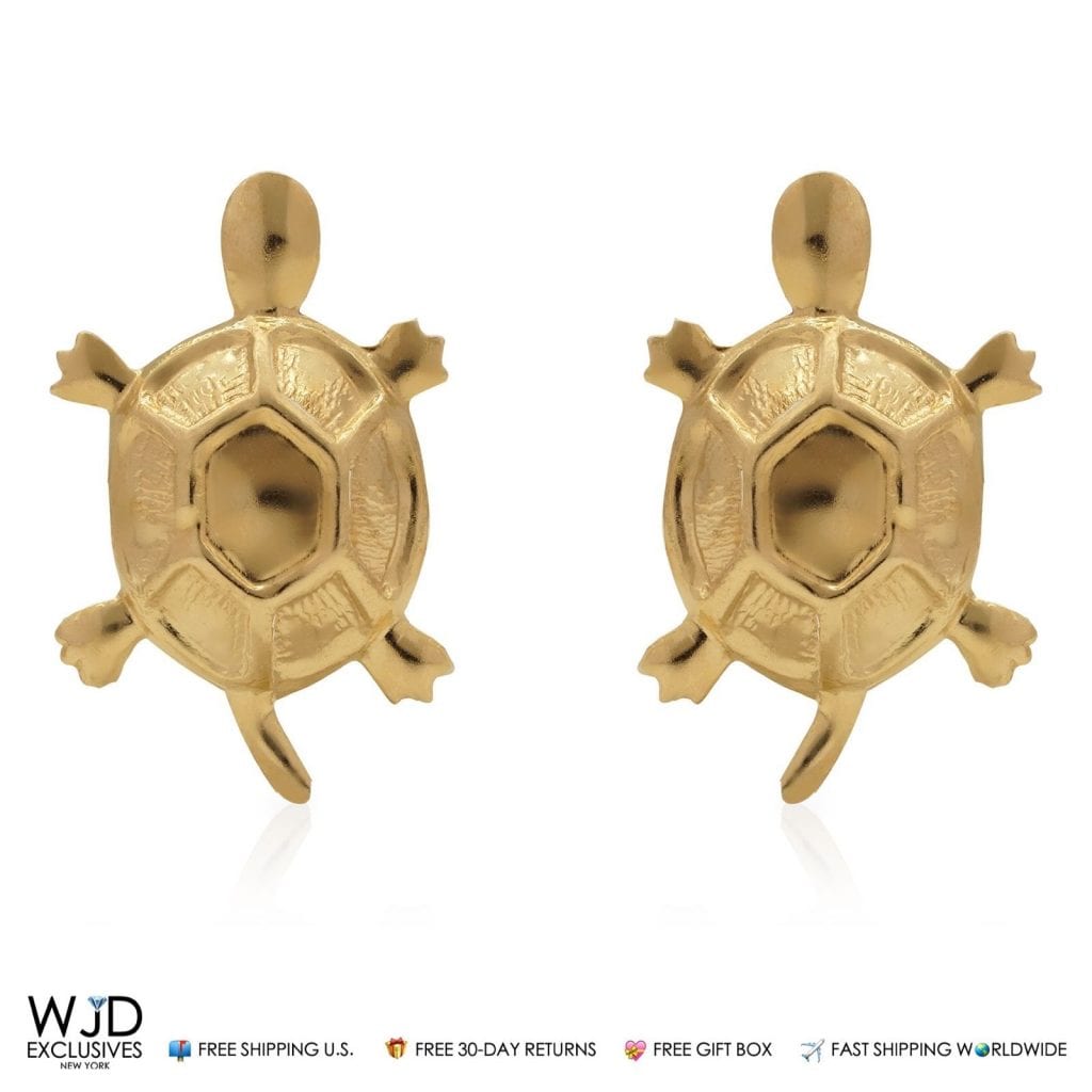 14K Solid Yellow Gold 12mm Children's Turtle Stamping Push Back Stud Earrings