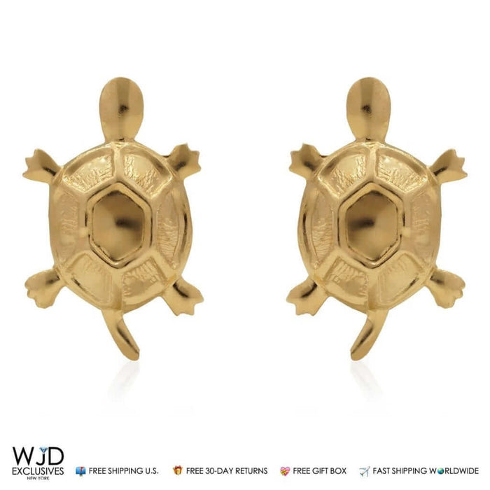14K Solid Yellow Gold 12mm Children's Turtle Stamping Push Back Stud Earrings