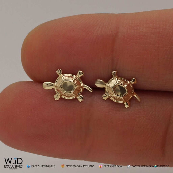 14K Solid Yellow Gold 12mm Children's Turtle Stamping Push Back Stud Earrings