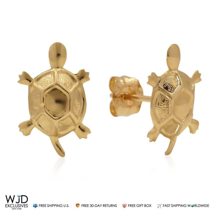 14K Solid Yellow Gold 12mm Children's Turtle Stamping Push Back Stud Earrings