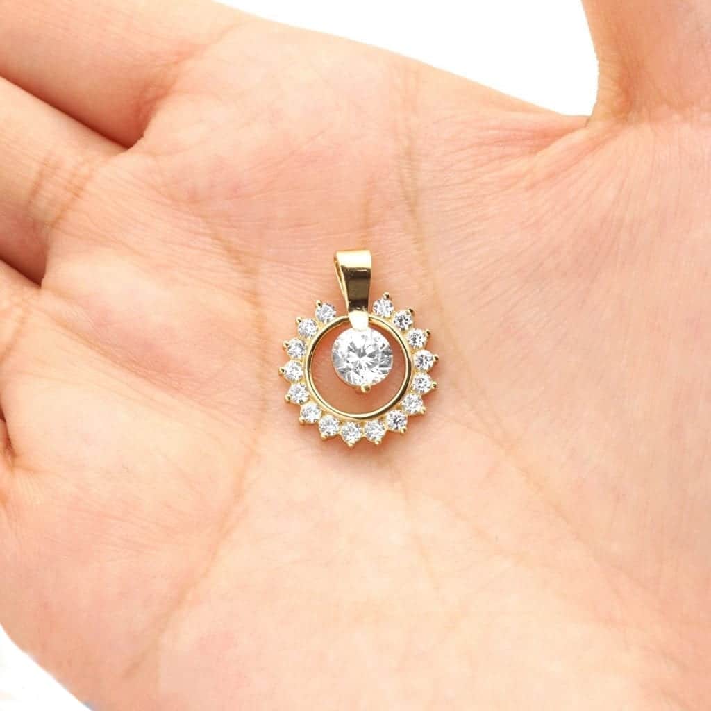 14K Yellow Gold 1.40Ct CZ Round Halo Charm Pendant