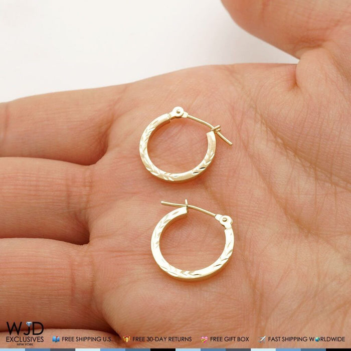 14K Yellow Gold 14mm Diamond-Cut Snap Closure Hoop Earrings