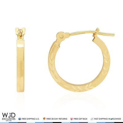 14K Yellow Gold 14mm Diamond-Cut Snap Closure Hoop Earrings