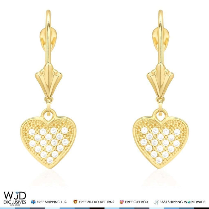 14K Yellow Gold CZ Pave Set Heart Dangle Leverback Earrings 1"