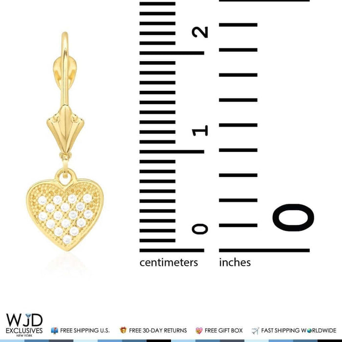 14K Yellow Gold CZ Pave Set Heart Dangle Leverback Earrings 1"