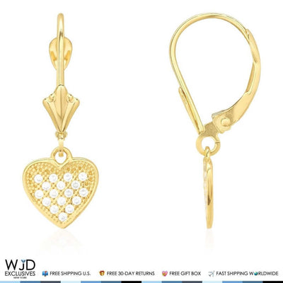 14K Yellow Gold CZ Pave Set Heart Dangle Leverback Earrings 1"