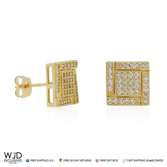 14K Yellow Gold Square Shaped Stud Earrings 8.5mm