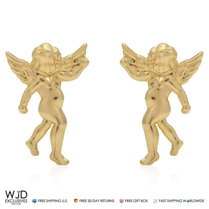 14K Solid Yellow Gold 15mm Standing Angel Religious Push Back Stud Earrings