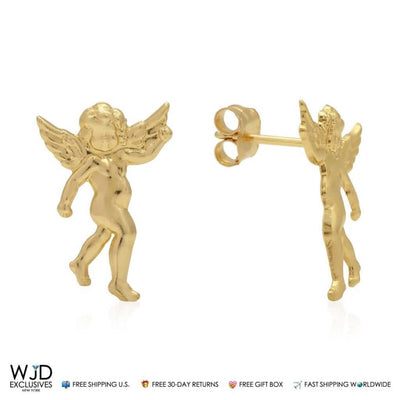 14K Solid Yellow Gold 15mm Standing Angel Religious Push Back Stud Earrings