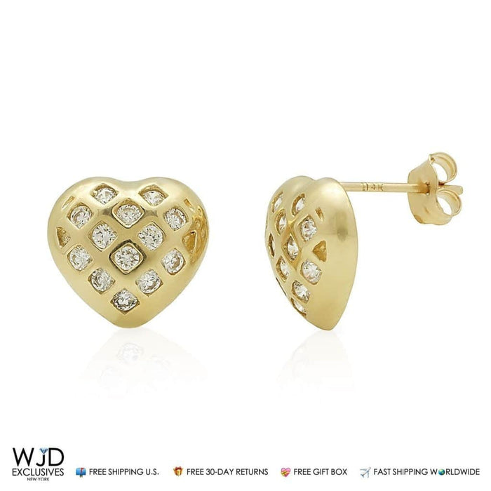 14k Yellow Gold White Gold Pave CZ Heart Stud Push Back Earrings