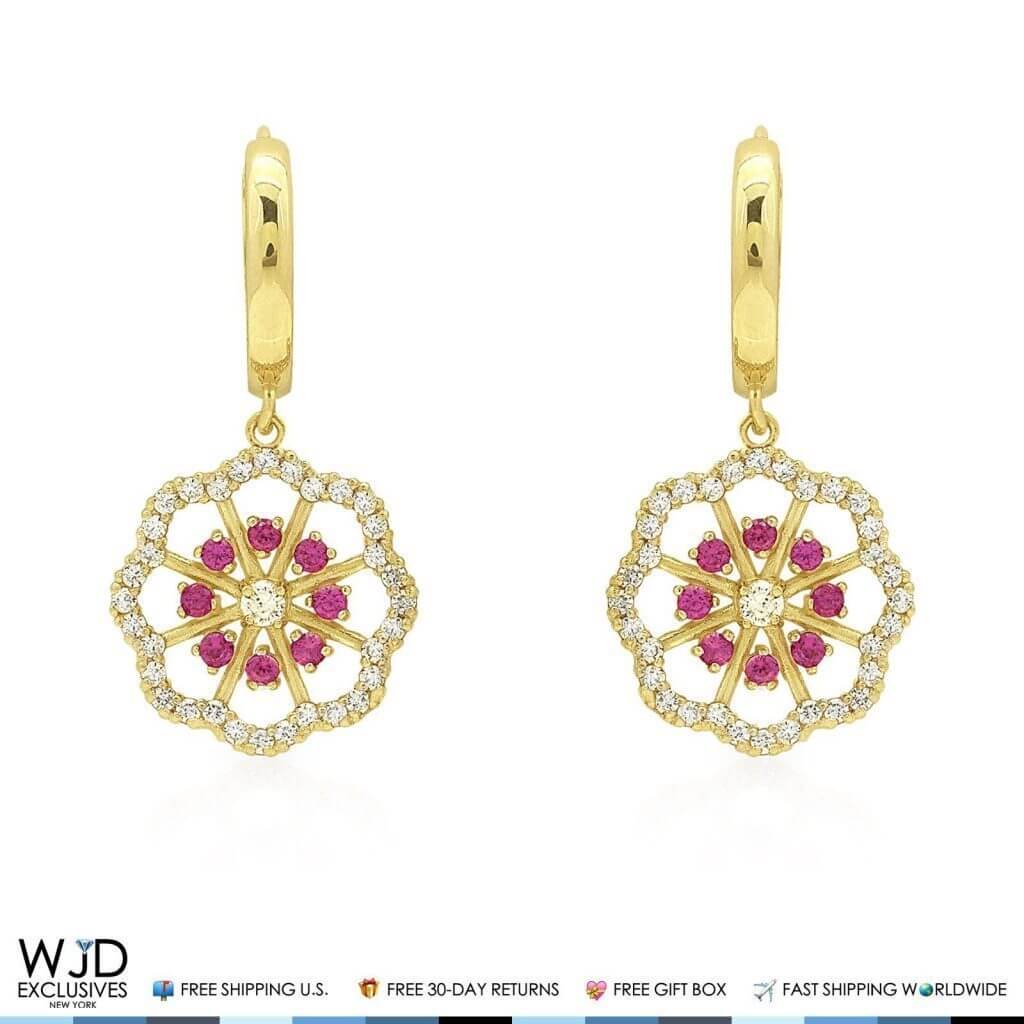 1CTW CZ Ruby 14K Yellow Gold Flower Huggie Hoop Dangle Earrings